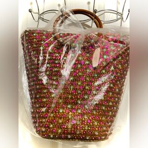 Victoria's Secret Brown Woven Tote with Pink and Teal Studs